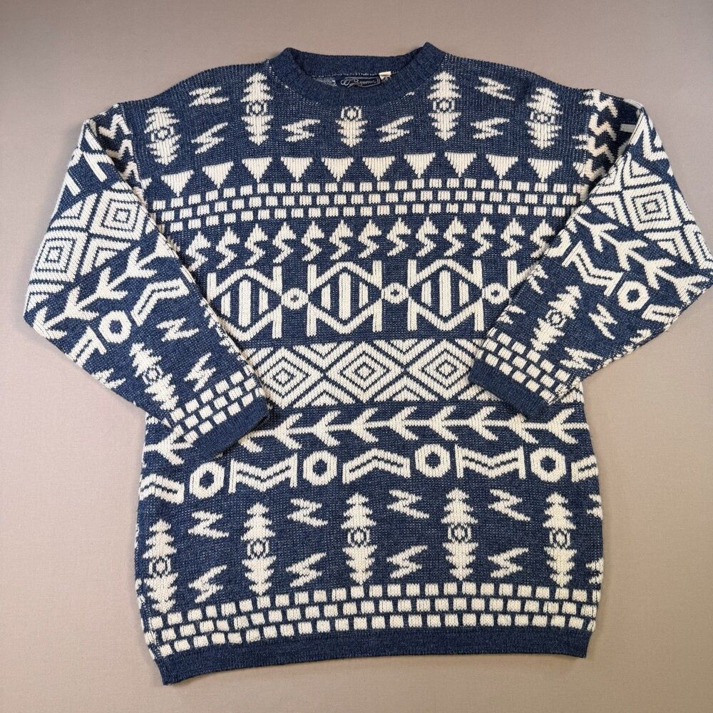 Vintage JJ Browne Grandpa Sweater Men Medium Geometric Blue White Crew Neck USA